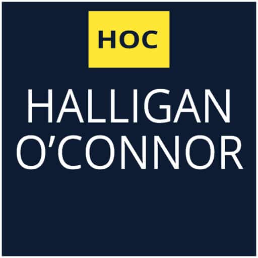 Logo for Halligan O'Connor Property Consultants in dark blue with a small yellow square inserted.